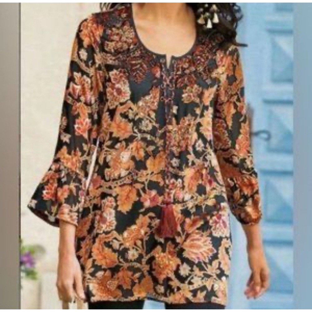 Soft Surroundings Cinq Terre Tunic Top Velvet Burnout Bell Sleeves‎ Black Gold M